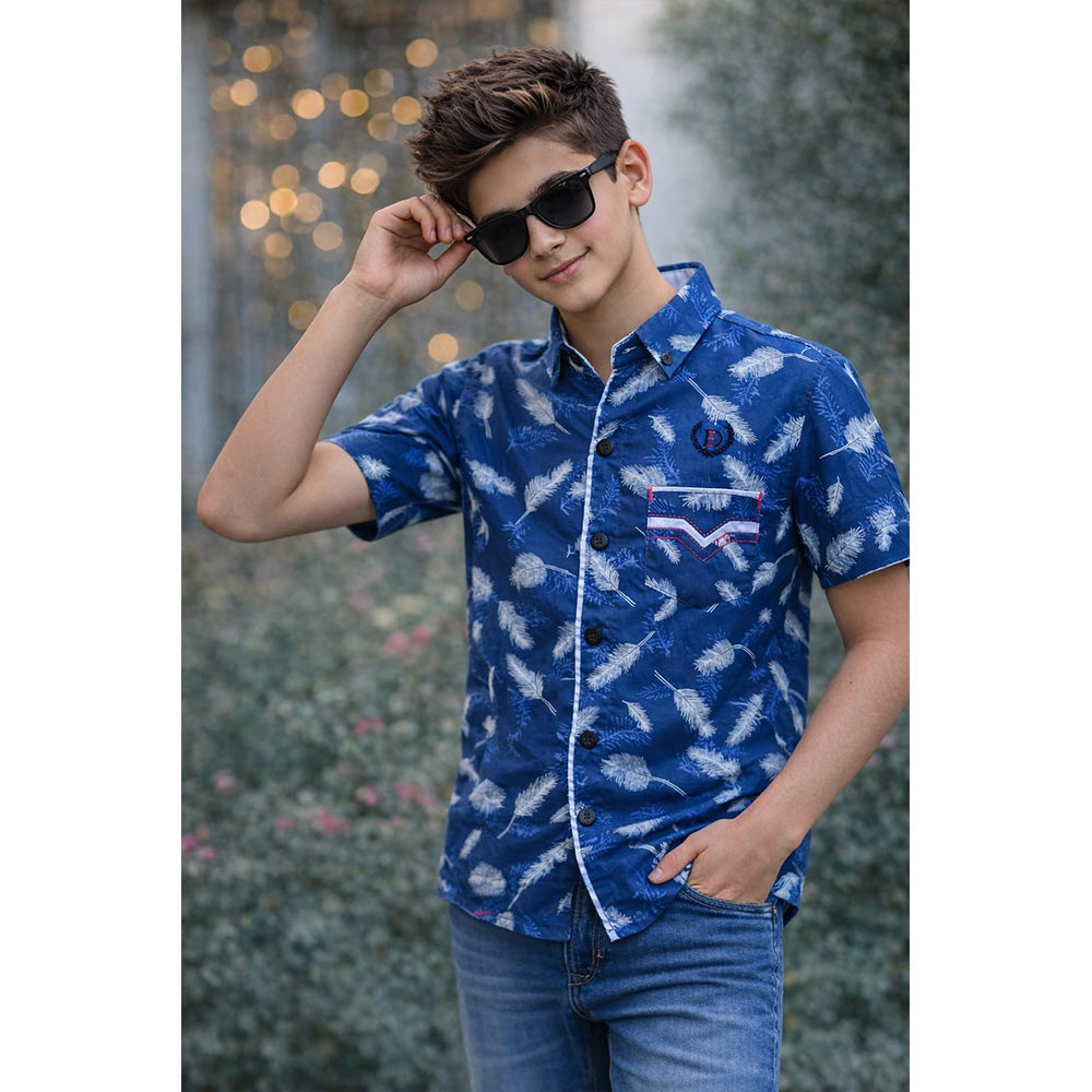 WHITE FEATHER PRINTED DESIGN BOYS SHIRT