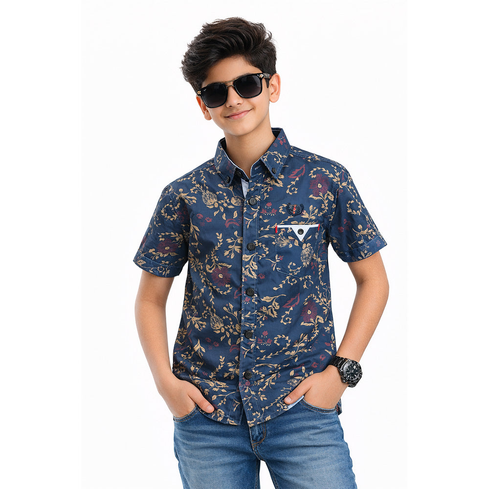 MUSTARD & RED FLOWERS PRINTED DESIGN BOYS SHIRT