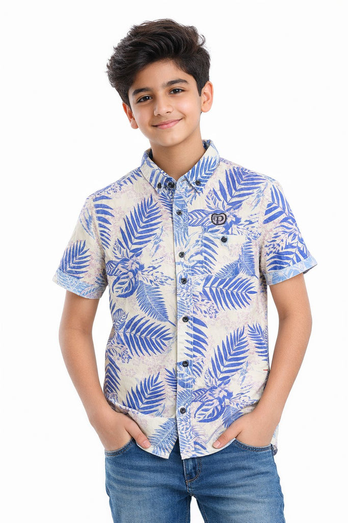 BLUE LEAVE PRINTED DESIGN BOYS SHIRT