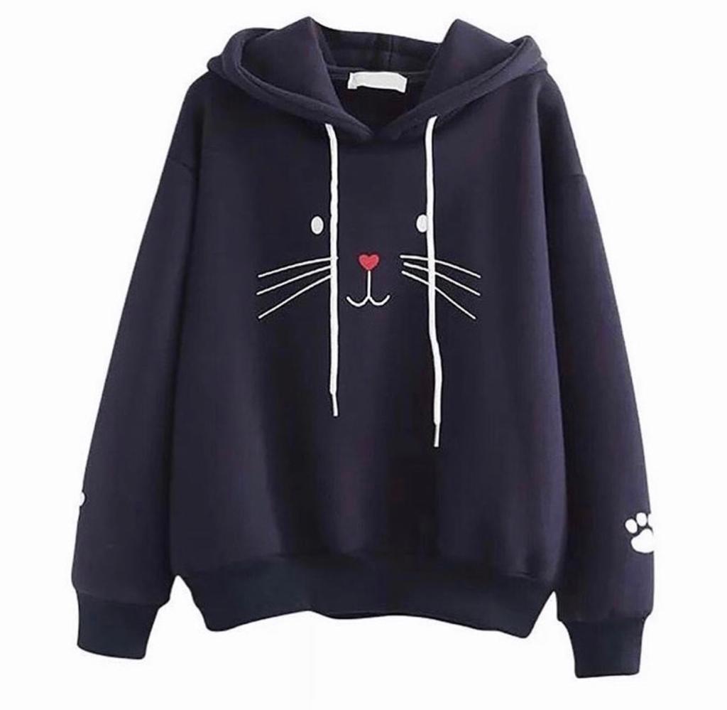 Cat Printed Pullover Hoodie For Women